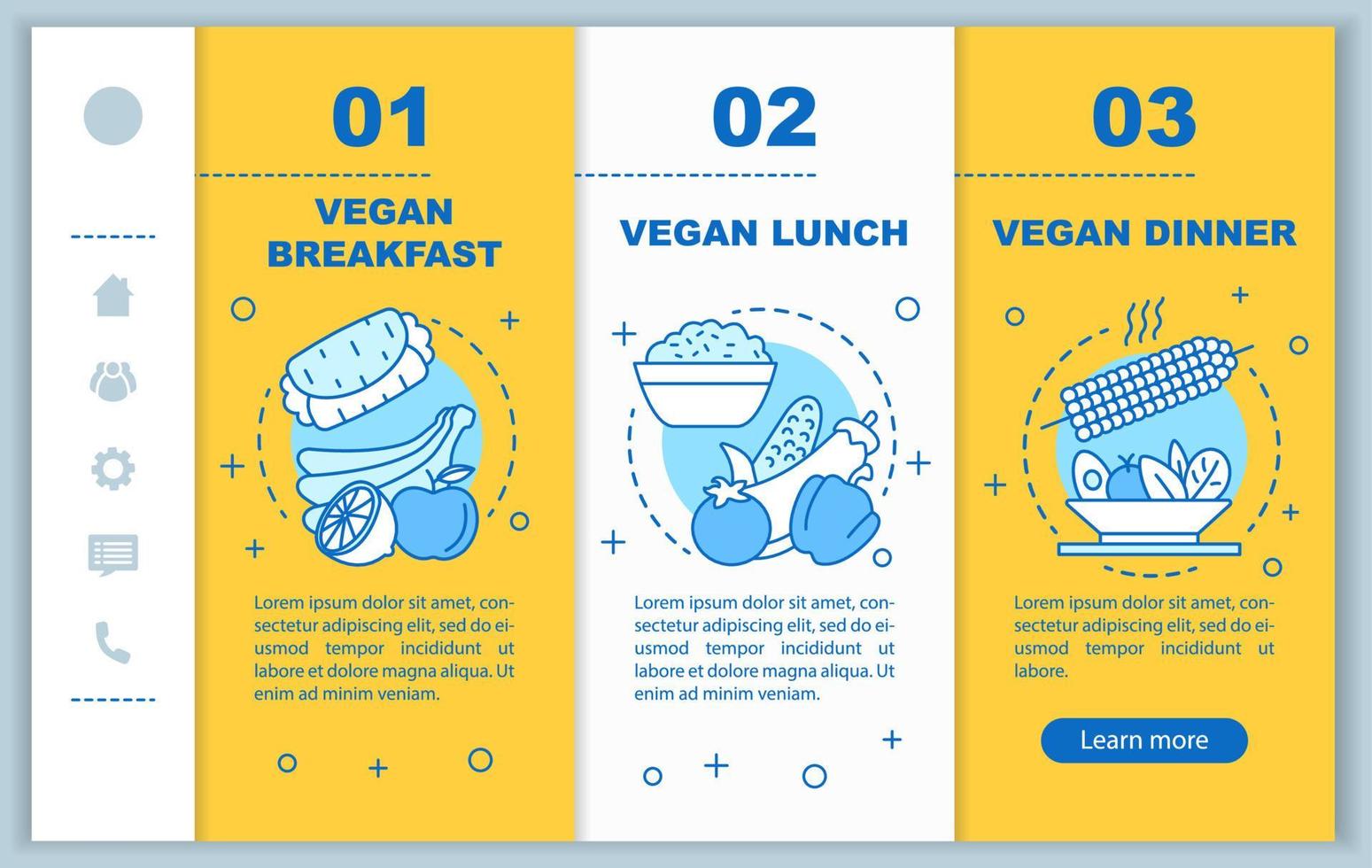 Vegetarisches Menü beim Onboarding mobiler Webseiten Vektorvorlage. reaktionsschnelle smartphone-website-schnittstellenidee mit linearen illustrationen. Webseiten-Walkthrough-Schrittbildschirme. Farbkonzept für vegane Ernährung vektor