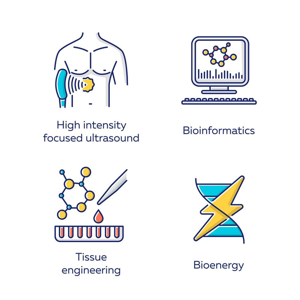 bioteknik färg ikoner set. bioteknik. högintensivt fokuserat ultraljud, bioinformatik, vävnadsteknik, bioenergi. teknik för studier och behandling. isolerade vektorillustrationer vektor