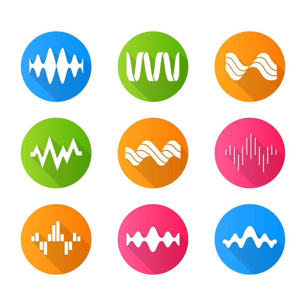 ljudvågor platt design lång skugga glyf ikoner set. musikrytm, hjärtpuls. ljudvågor, ljudinspelning och radiosignaler. digitala vågformer, abstrakta ljudvågor. vektor siluett illustration