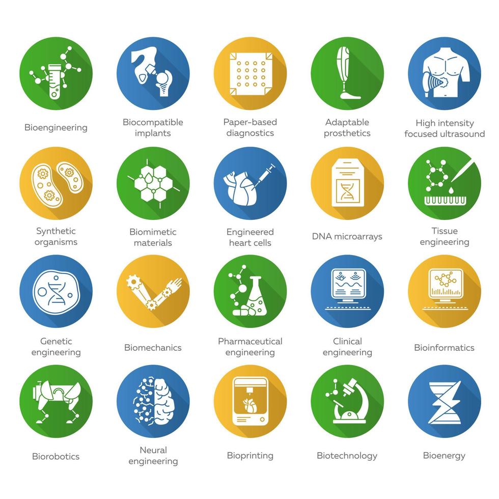 bioteknik platt design lång skugga glyph ikoner set. teknologi för hälsa, komfort. diagnos och behandling av sjukdomar, genteknik, artificiell intelligens. vektor siluett illustration