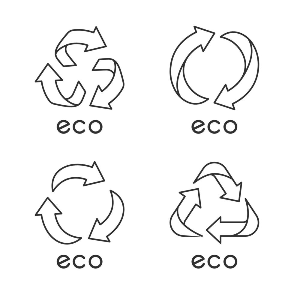 Lineare Symbole gesetzt. Pfeile Zeichen. Symbole recyceln. alternative Energie. umweltfreundliche Chemikalien. Umweltschutz-Embleme. dünne Linienkontursymbole. isolierte Vektorgrafiken. editierbarer Strich vektor