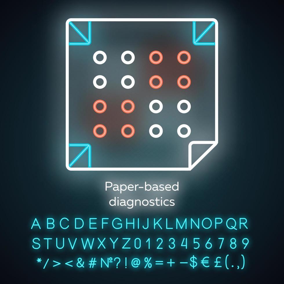 Neonlicht-Symbol für papierbasierte Diagnostik. Biosensor. schnelle Analyseergebnisse. Biotechnologie. leuchtendes zeichen mit alphabet, zahlen und symbolen. vektor isolierte illustration