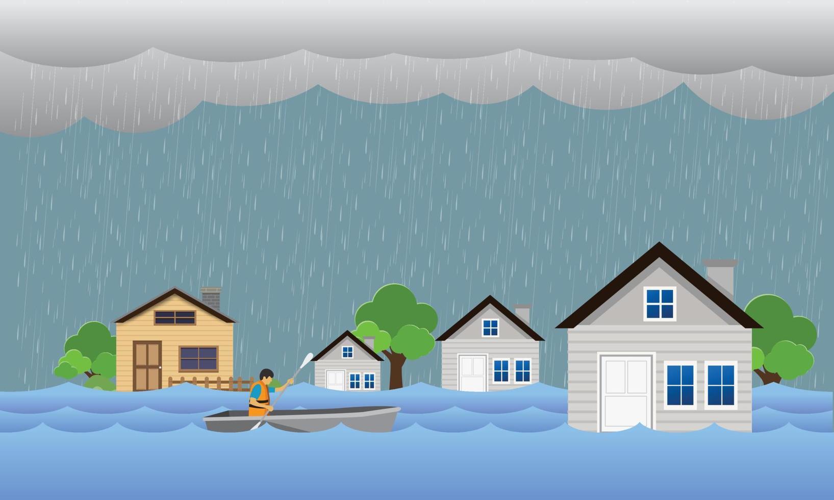 översvämning naturkatastrof med hus, kraftigt regn och storm, skador med hem, översvämmande vatten i staden vektor