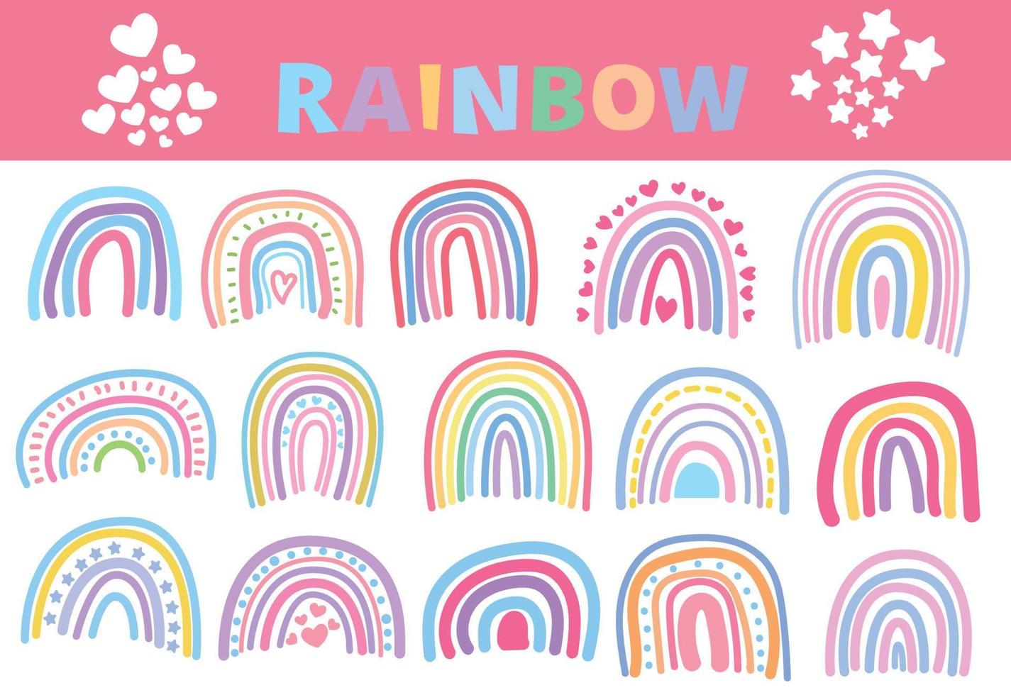 Reihe von Regenbögen isoliert auf weißem Hintergrund, Regenbogen-Doodles-Stil mit Herzen, kindliche flache Vektorgrafiken. vektor