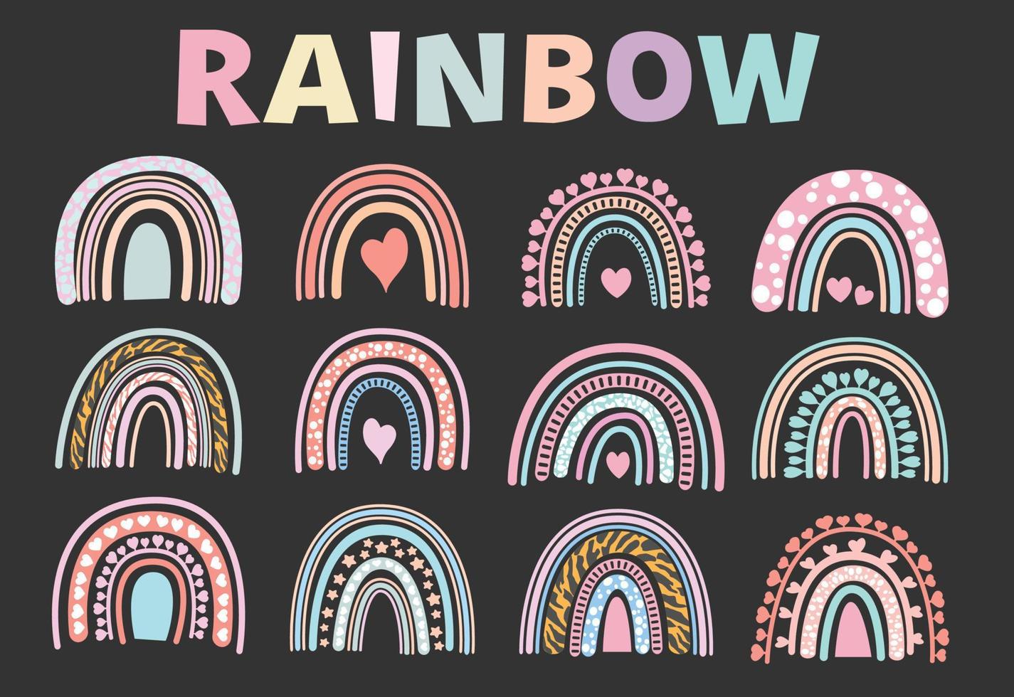 uppsättning regnbågar isolerad på vit bakgrund, rainbow doodles stil med hjärtan, barnsliga platt vektorillustrationer. vektor