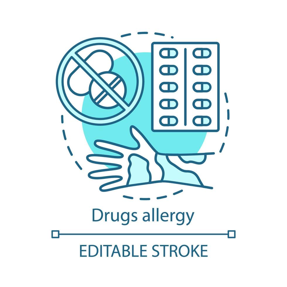 Symbol für das Konzept der Drogenallergie. allergische reaktion auf medikamente idee dünne linie illustration. Nesselsucht, juckende Haut, Hautausschlag an der Hand. Pillen verwenden Nebenwirkungen. Vektor isoliert Umrisszeichnung. editierbarer Strich