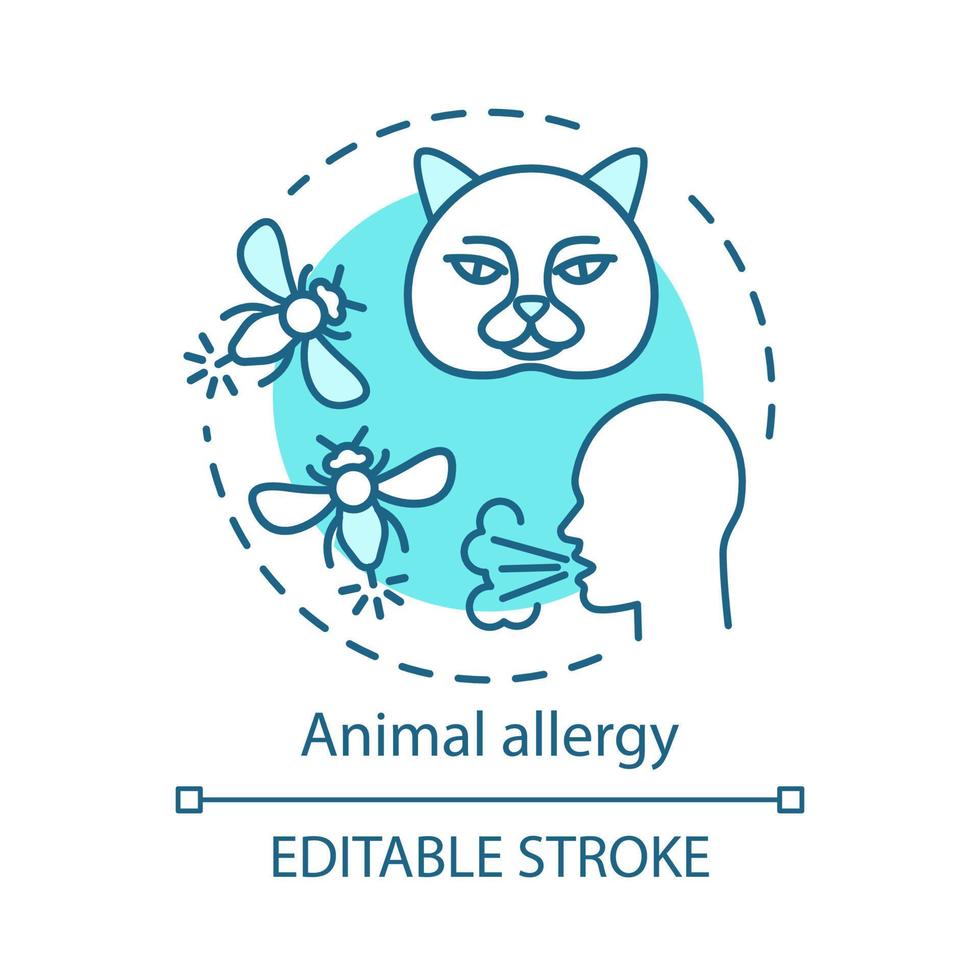 Symbol für das Konzept der Tierallergie. allergische Reaktion auf Insektenstiche, Katzenfell, Speichel und Hautschuppen. Tierallergene Empfindlichkeit Idee dünne Linie Illustration. Vektor isoliert Umrisszeichnung. editierbarer Strich