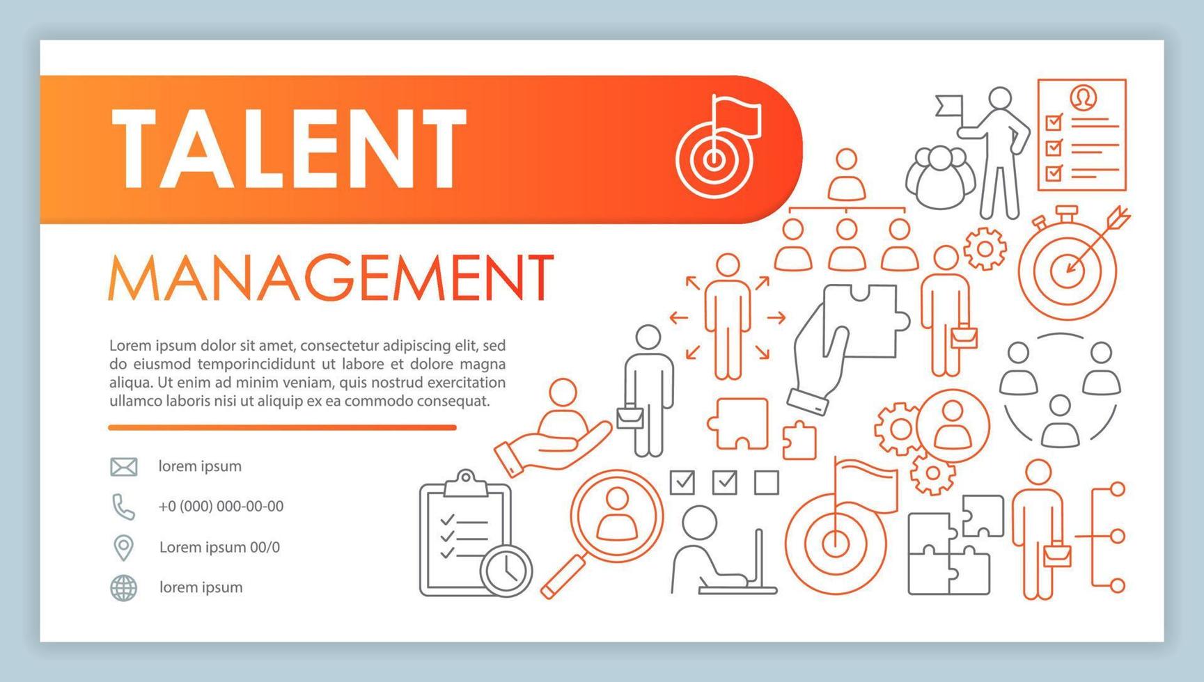 talentmanagement-webbanner, visitenkartenvektorvorlage. Kontaktseite der Personalvermittlungsfirma mit Telefon, linearen E-Mail-Symbolen. präsentation, webseitenidee. HR-Agentur Corporate Print-Design-Layout vektor