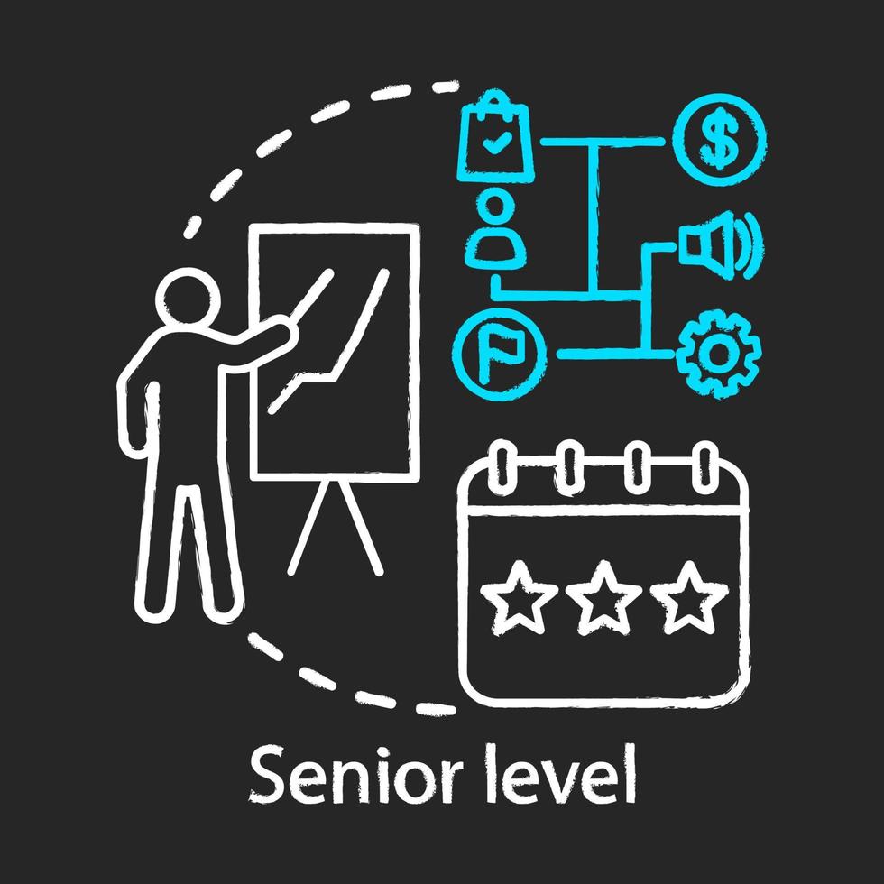 senior nivå krita ikon. yrkesnivå. högsta ledningen. hög och auktoritativ position. arbetserfarenhet. högt uppsatt anställd. professionell karriär. isolerade svarta tavlan vektorillustration vektor