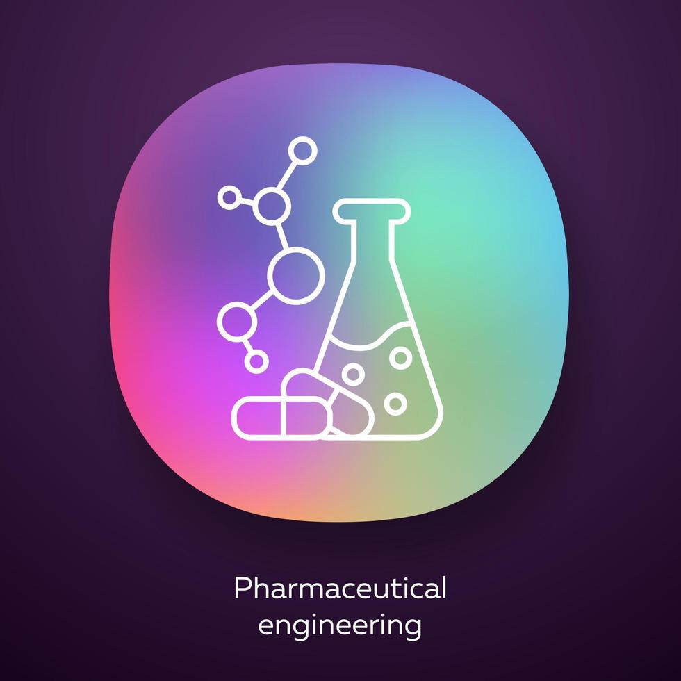 läkemedelsteknik app ikon. kemiteknik. läkemedelskontroll. kolv, molekyl, kapslar. farmakologi. ui ux användargränssnitt. webb- eller mobilapplikation. vektor isolerade illustration