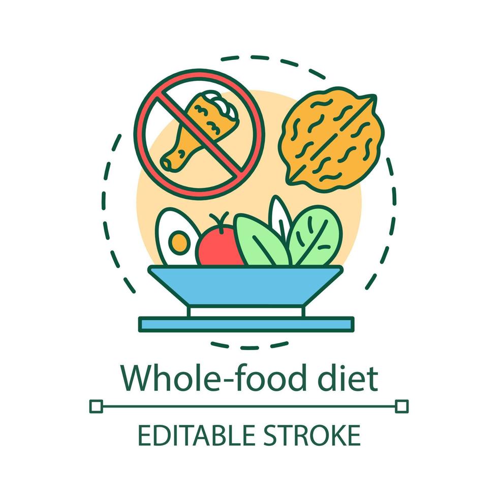 hel mat diet koncept ikon. vegetarisk näring idé tunn linje illustration. hälsosam måltid, vegansk livsstil. kyckling, valnöt och grönsakssallad vektor isolerade konturritning. redigerbar linje