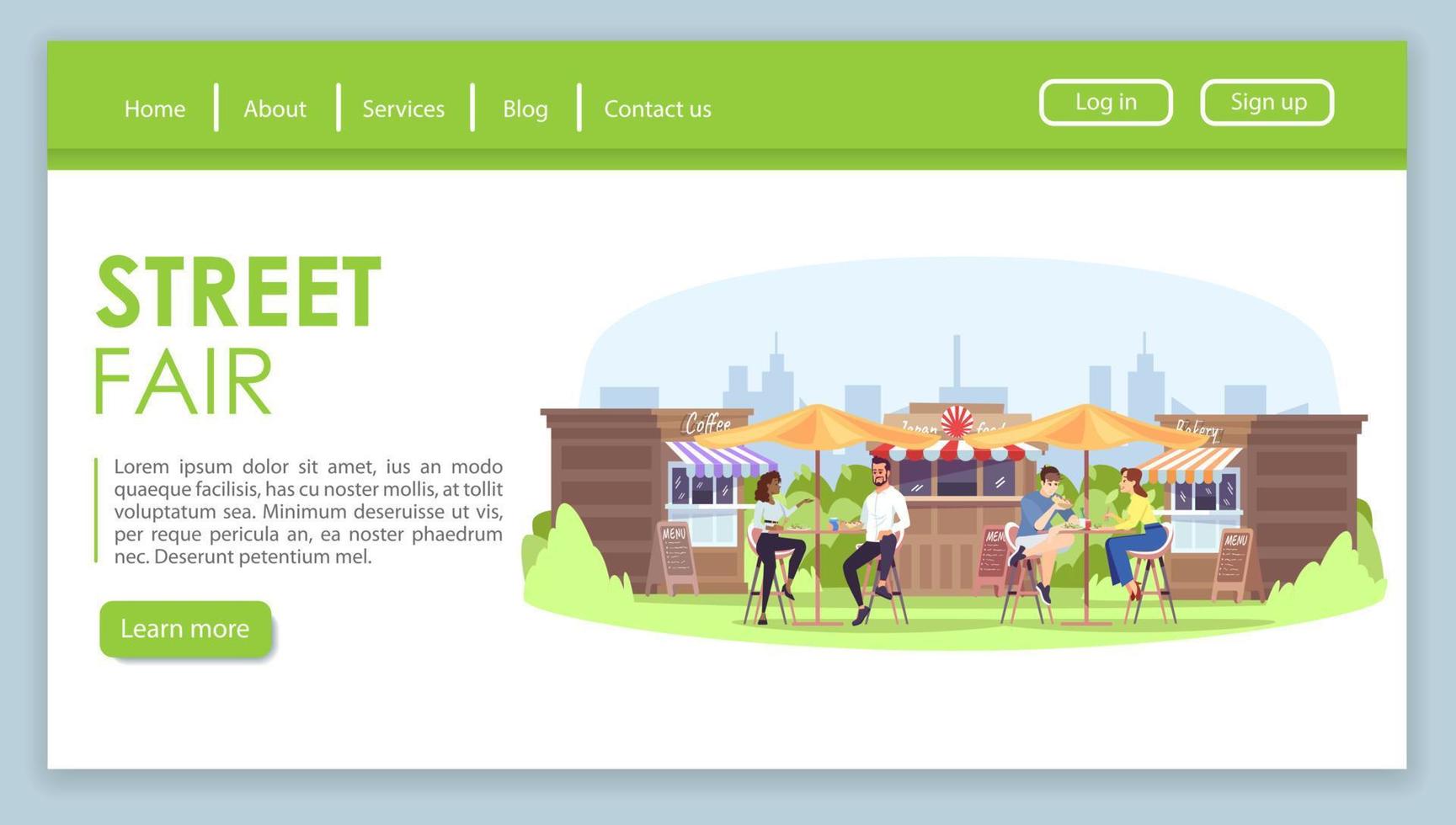 Straßenmesse Landing Page Vektorvorlage. park cafe website schnittstellenidee mit flachen illustrationen. Homepage-Layout für das Sommerwochenende. lebensmittelkioske und besucher-webbanner, webpage-cartoon-konzept vektor