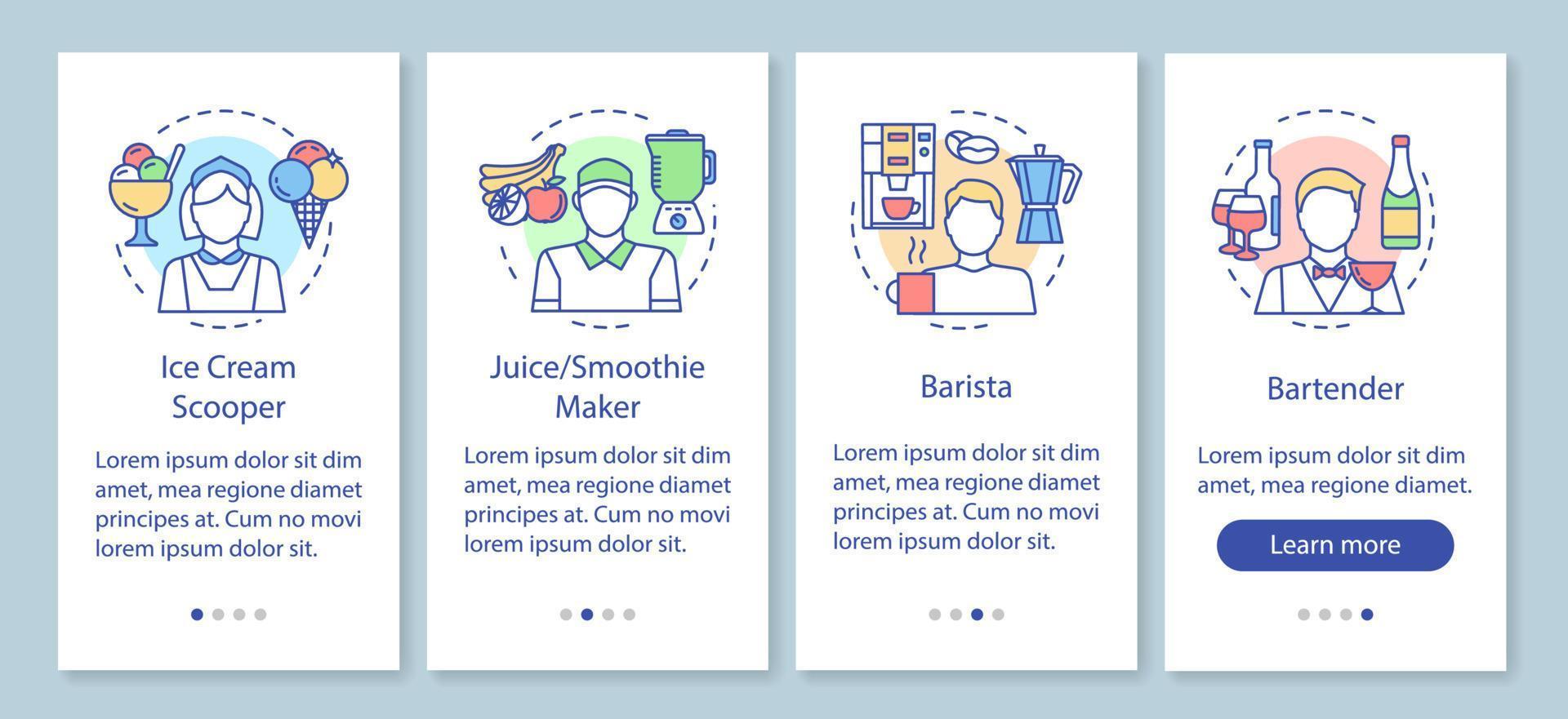 cafe, fast-food-industrie teilzeitjob onboarding mobiler app-seitenbildschirm mit linearen konzepten. barista, barkeeper walkthrough schritte grafische anweisung. ux, ui, gui-vektorvorlage mit illustrationen vektor