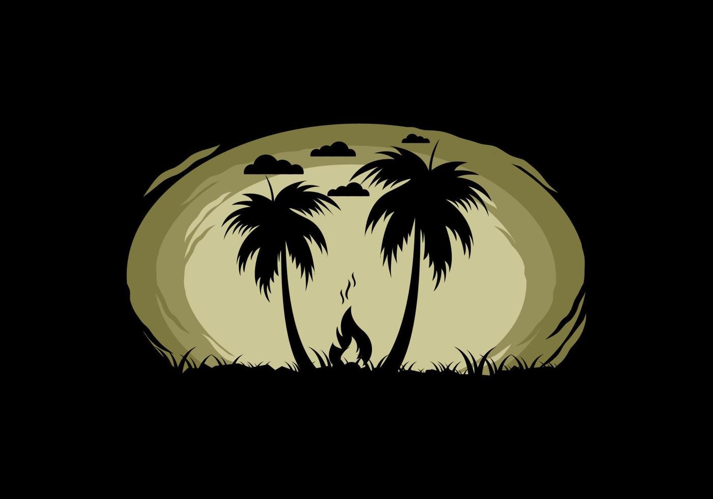 siluett av brasa och kokospalmer på stranden vektor