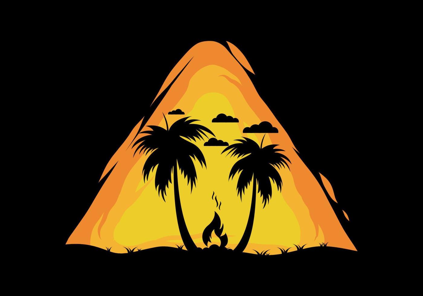 Silhouette von Lagerfeuer und Kokospalmen am Strand vektor