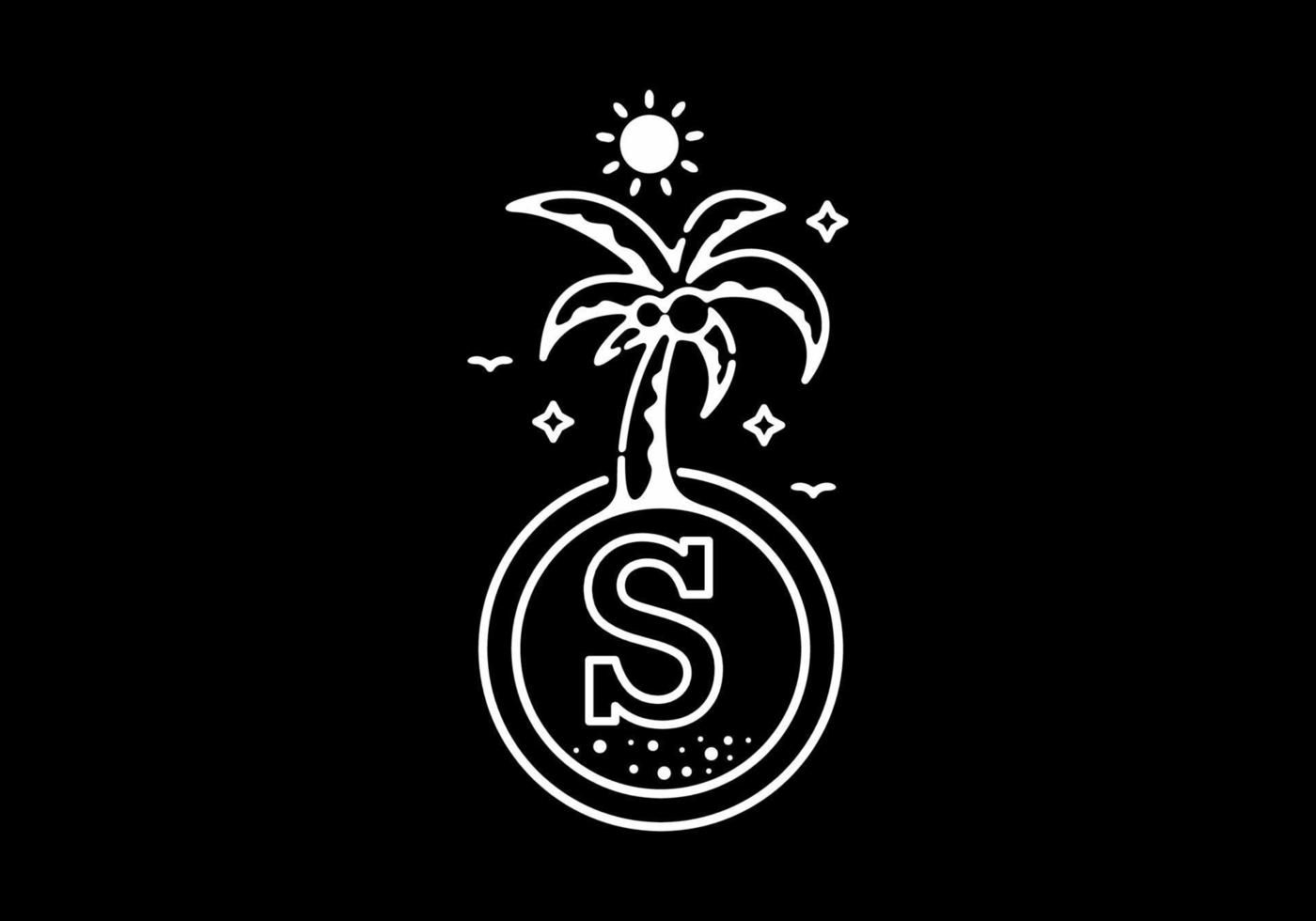 weiße schwarze linie kunstillustration der kokospalme am strand mit s-anfangsbuchstaben vektor