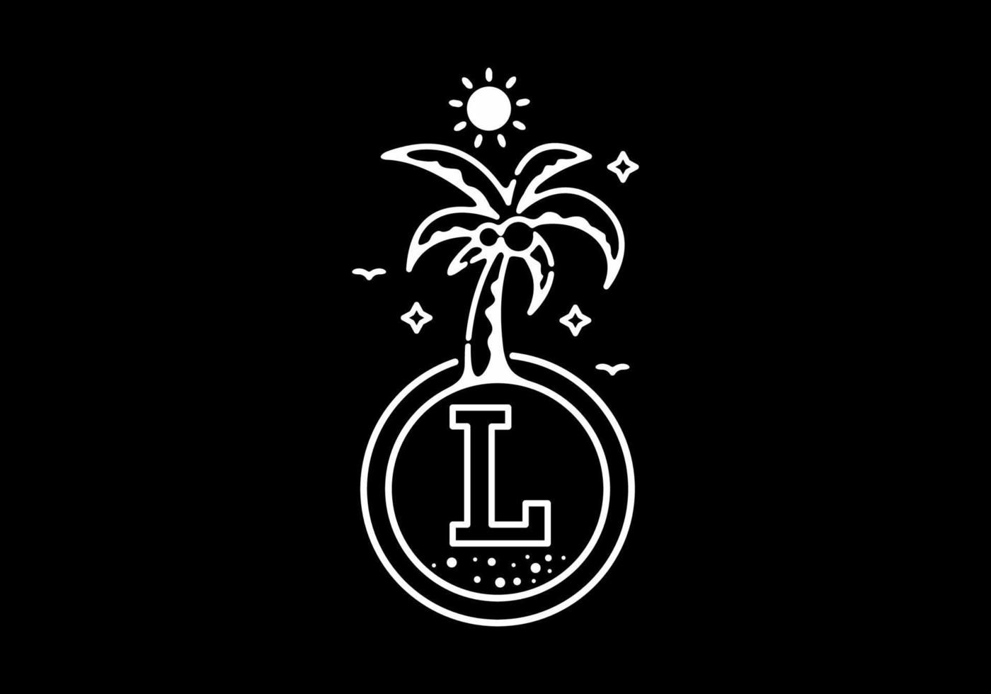 weiße schwarze linie kunstillustration der kokospalme am strand mit l-anfangsbuchstaben vektor