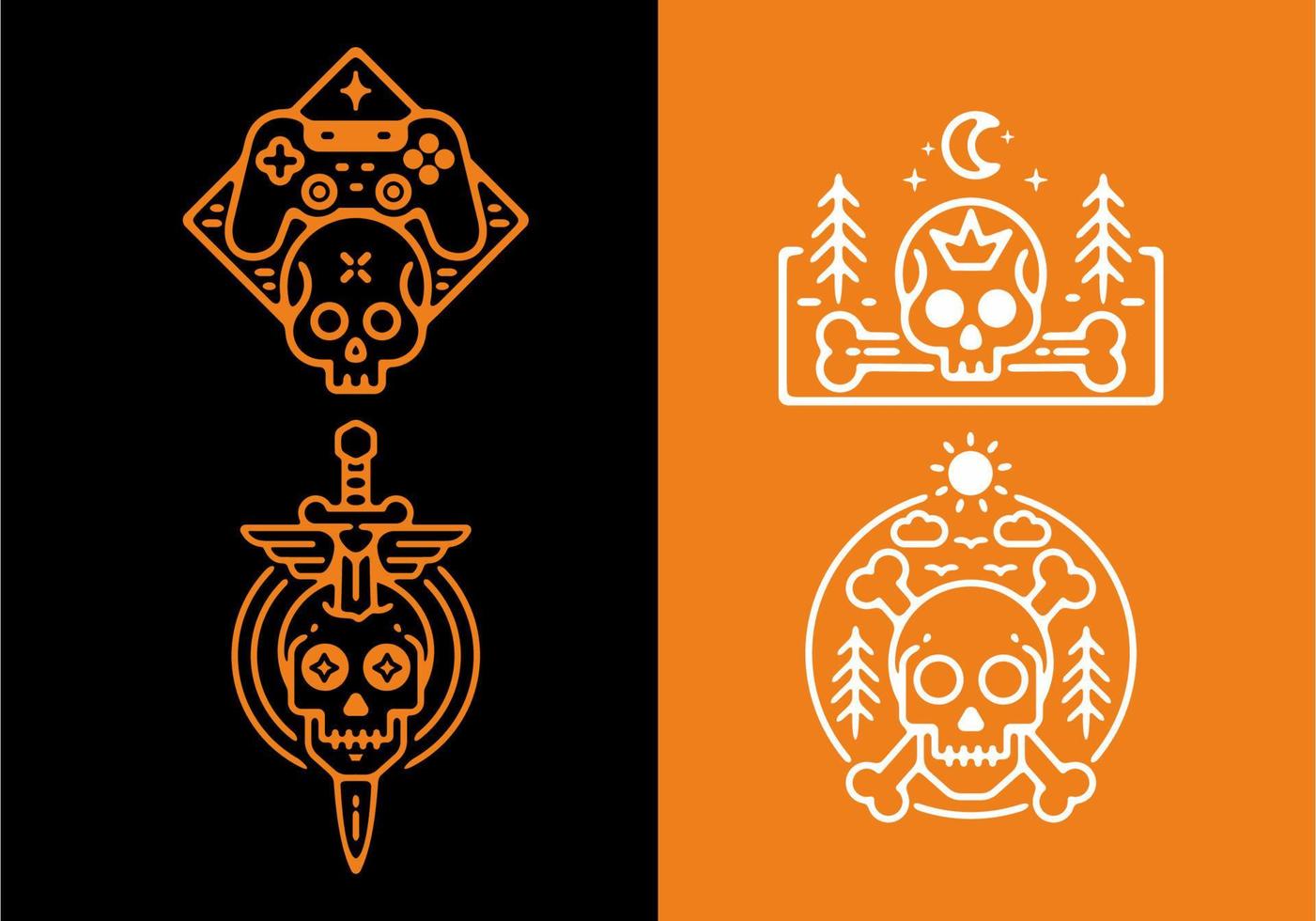 orange svart och vit färg på skelett tatuering set vektor