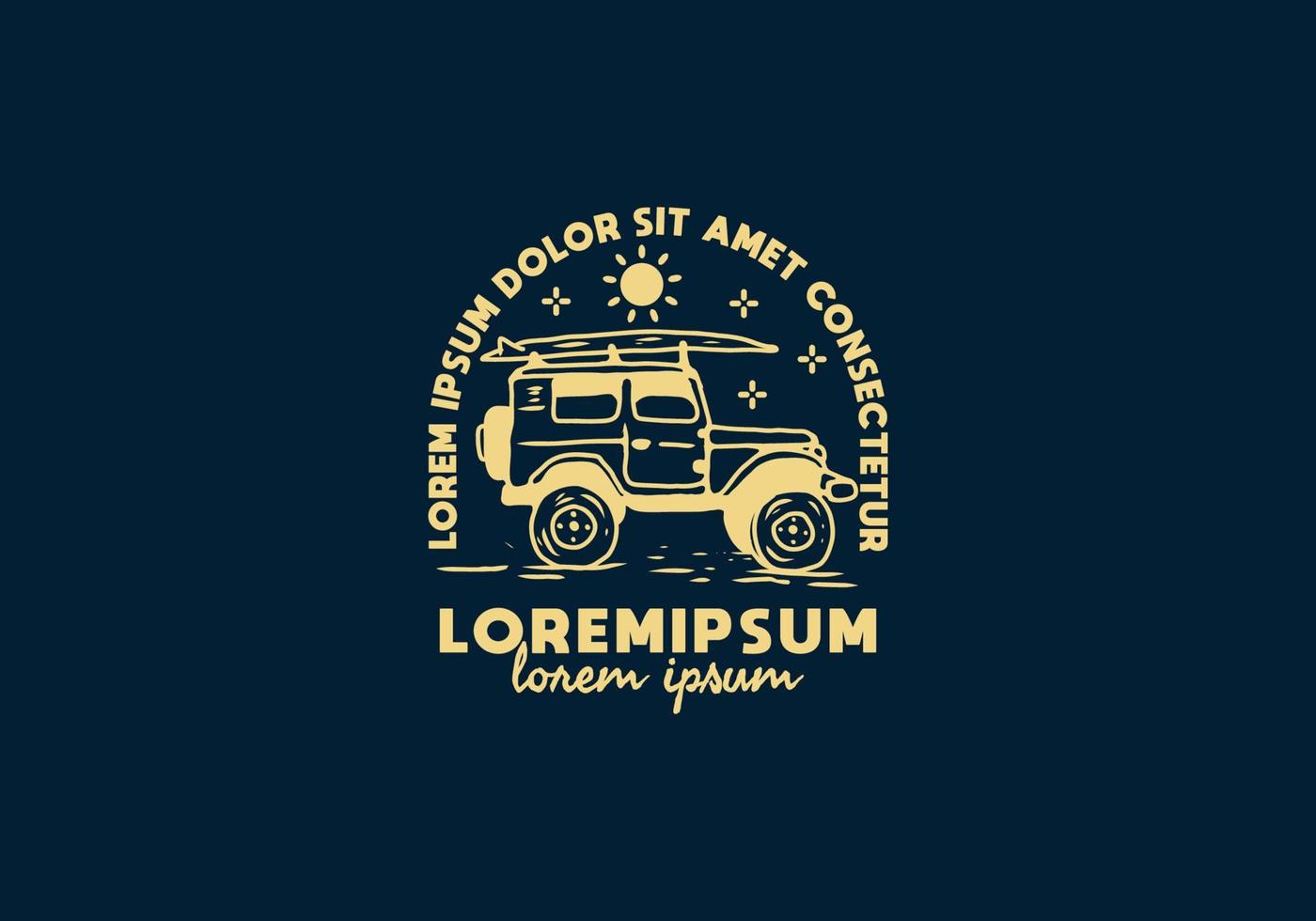 Off-Road-Auto und Surfbrett Strichzeichnung mit Lorem-Ipsum-Text vektor