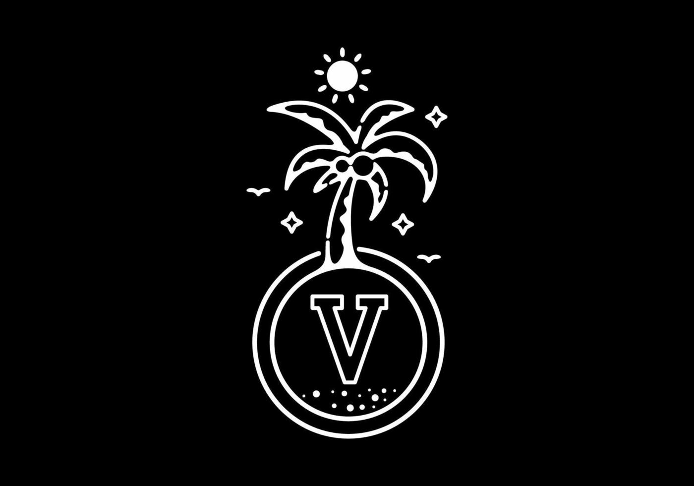 weiße schwarze linie kunstillustration der kokospalme am strand mit v-anfangsbuchstaben vektor