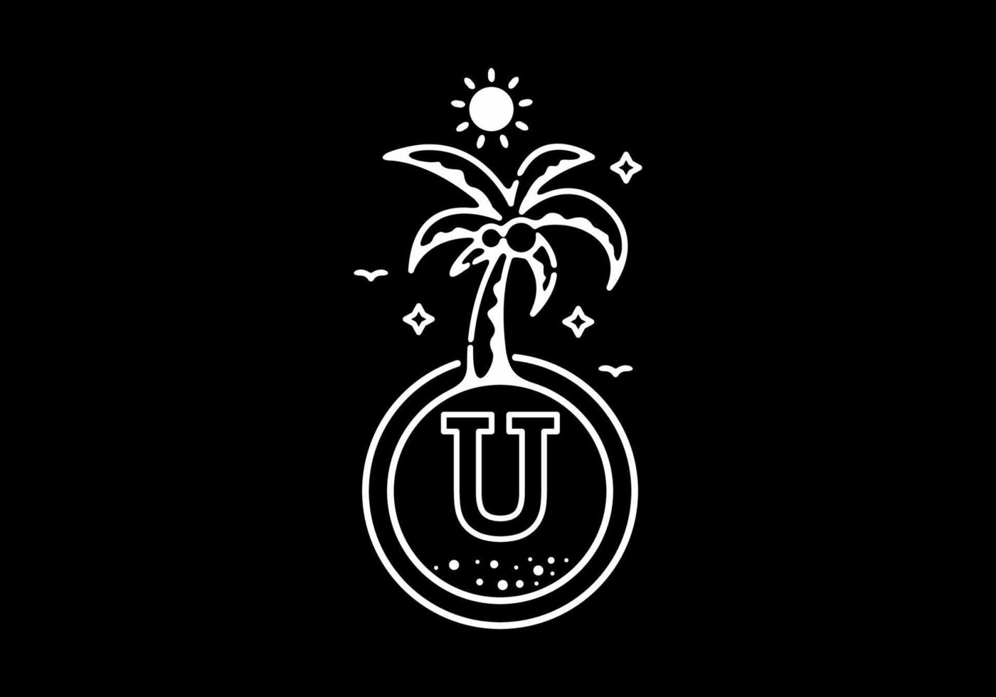 weiße schwarze linie kunstillustration der kokospalme am strand mit u-anfangsbuchstaben vektor