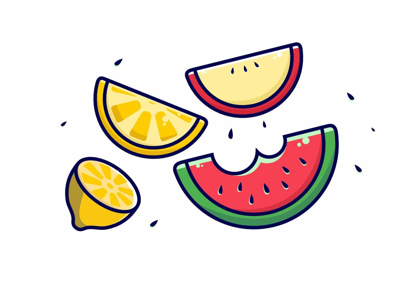 Stücke Wassermelone, Orangen, Zitronen und Äpfel vektor