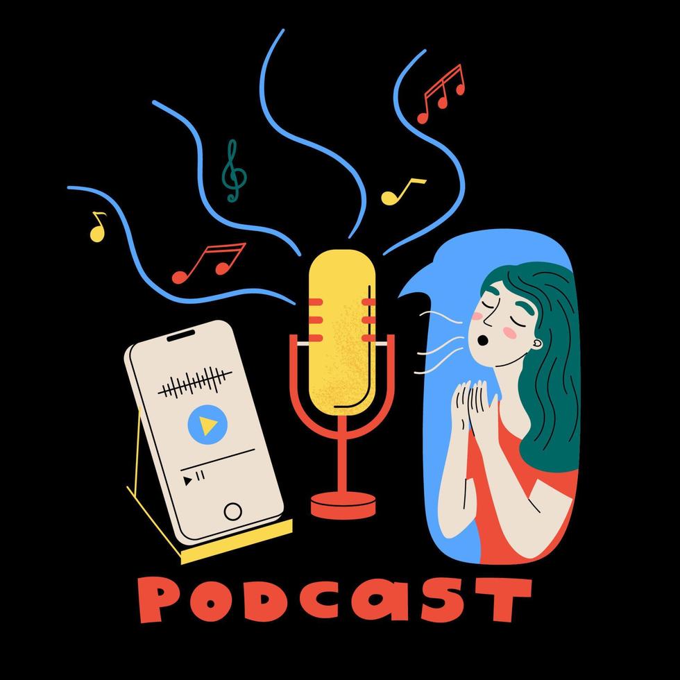 podcast koncept. sändning, ljudströmningstjänst, nätradio. sjungande kvinna, mikrofon, smartphone och noter. vektor