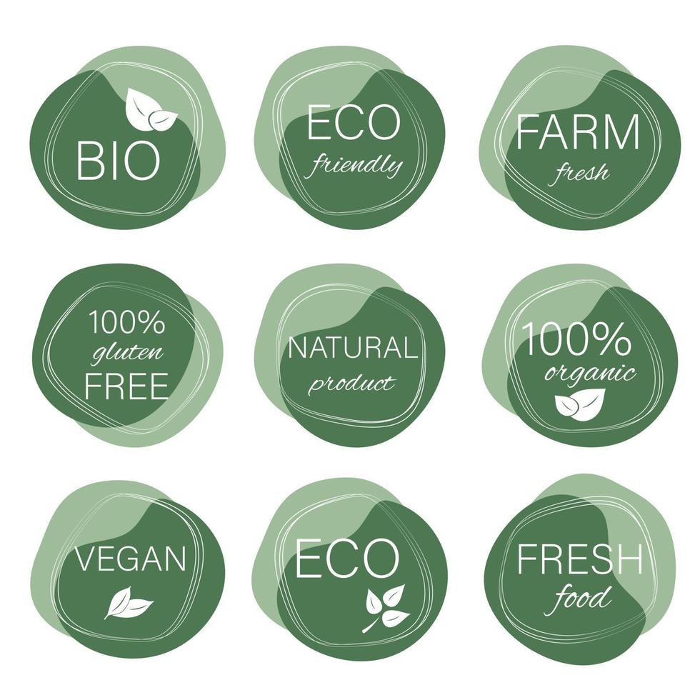 frische, organische, vegane, glutenfreie, umweltfreundliche, lokal angebaute, gesunde Lebensmittelaufkleber. Logo-Etiketten und Etiketten für vegane Lebensmittel. sammlung von naturproduktschildern im handgezeichneten stil. vektor