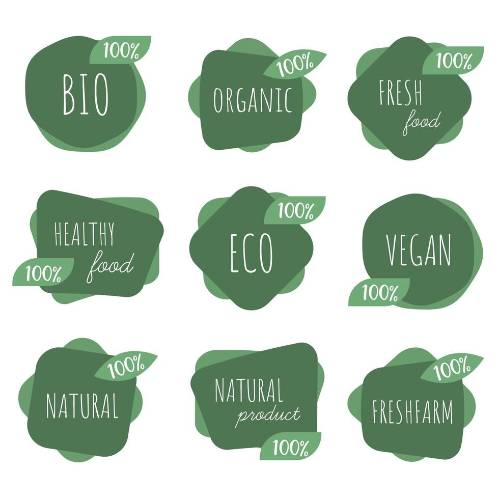 färsk hälsosam organisk vegansk mat logotypetiketter och taggar. vektor handritad illustration. vegansk mat tecken med löv. eko-, bio-, veganmatklistermärkemall för ekologiska och miljövänliga produkter.