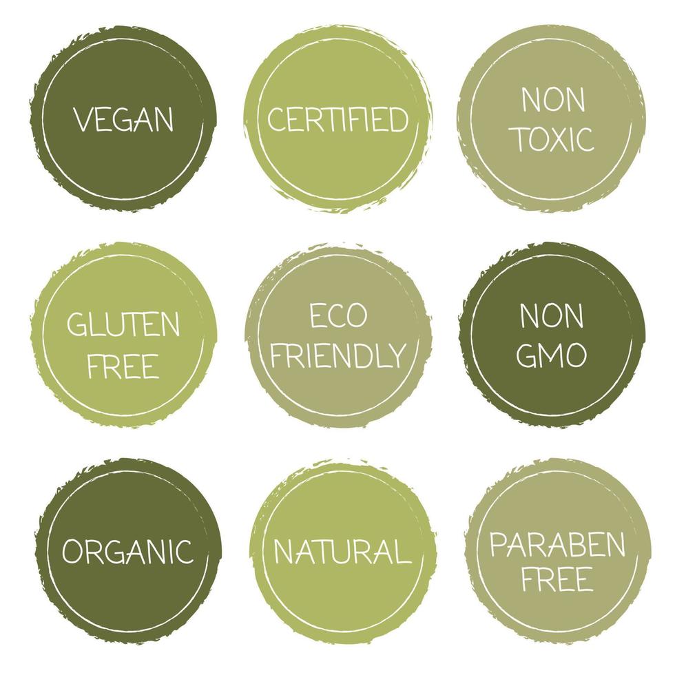 färsk hälsosam organisk vegansk mat logotypetiketter och taggar. vektor handritad illustration. rund eko grön logotyp. vegansk mat tecken med löv. naturliga, miljövänliga, inte gmo, ekologiska glutenfria klistermärken.