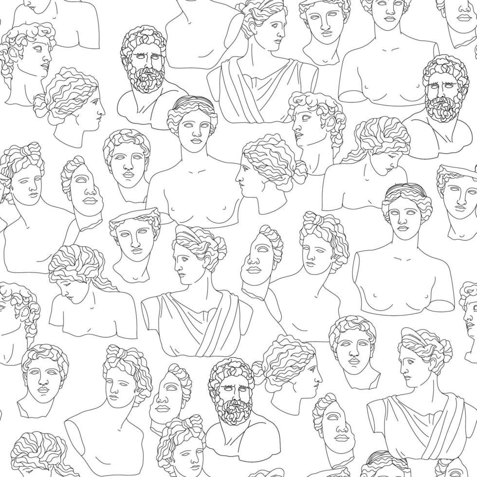 sömlösa mönster med antika grekiska skulpturer och karaktärer. Grekland antika marmor statyer illustration för tyg, textil, tapeter, bakgrund, omslagspapper vektor
