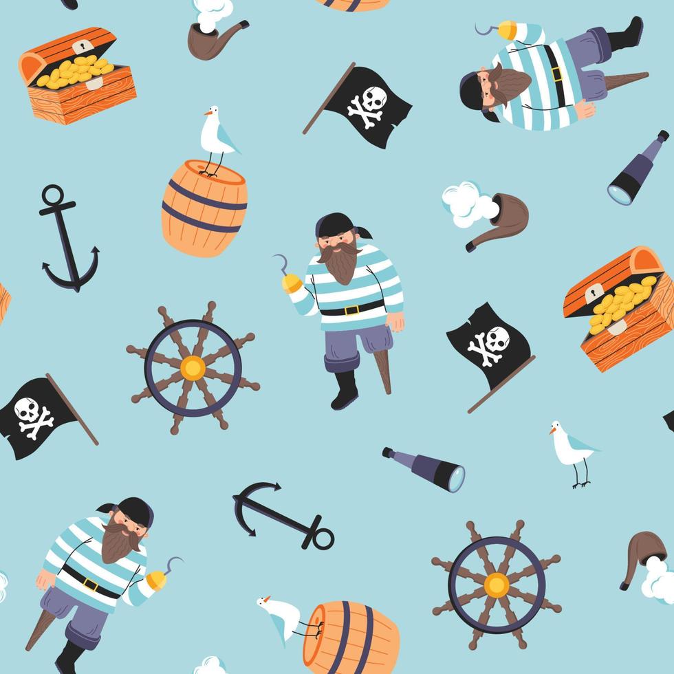 sömlöst piratmönster med kista av guldmynt, jolly roger, papegoja, porträtt av korsar, kikare etc. vektor