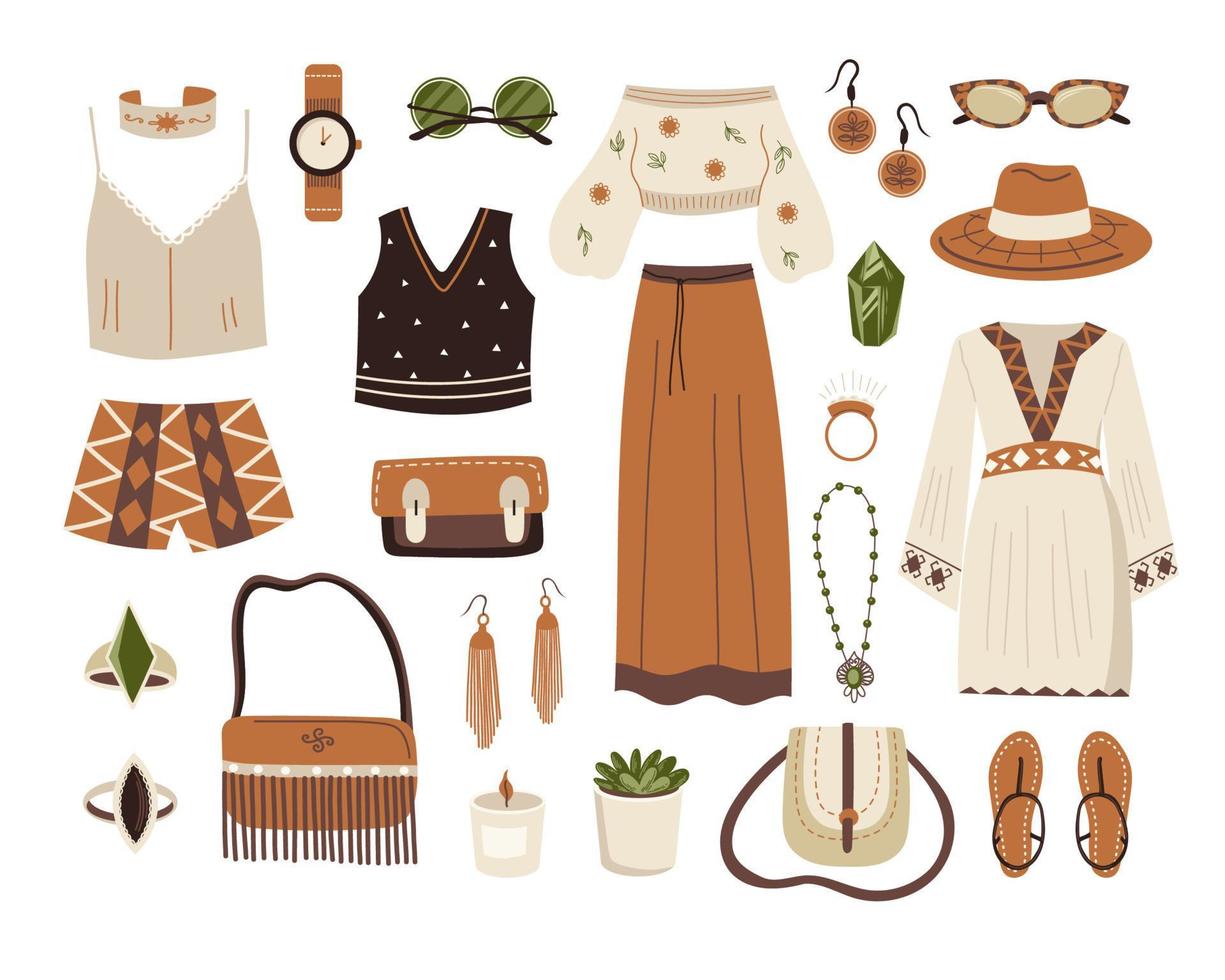 Boho-Outfit-Set. Mode-Look im böhmischen Stil. Bündel verschiedener Elemente, Hüte, Taschen, Sandalen, Sonnenbrillen, Accessoires, Kleidung mit ethnischen Motiven vektor