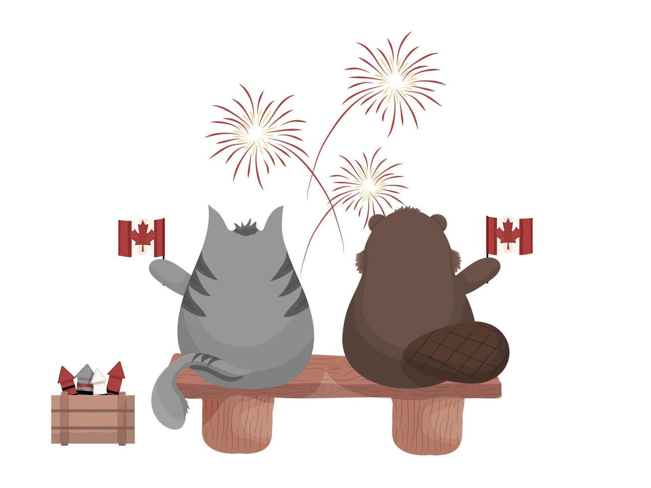 Graue, mürrische Katze und Biber, die Feuerwerke am Kanada-Tag beobachten, Vektor