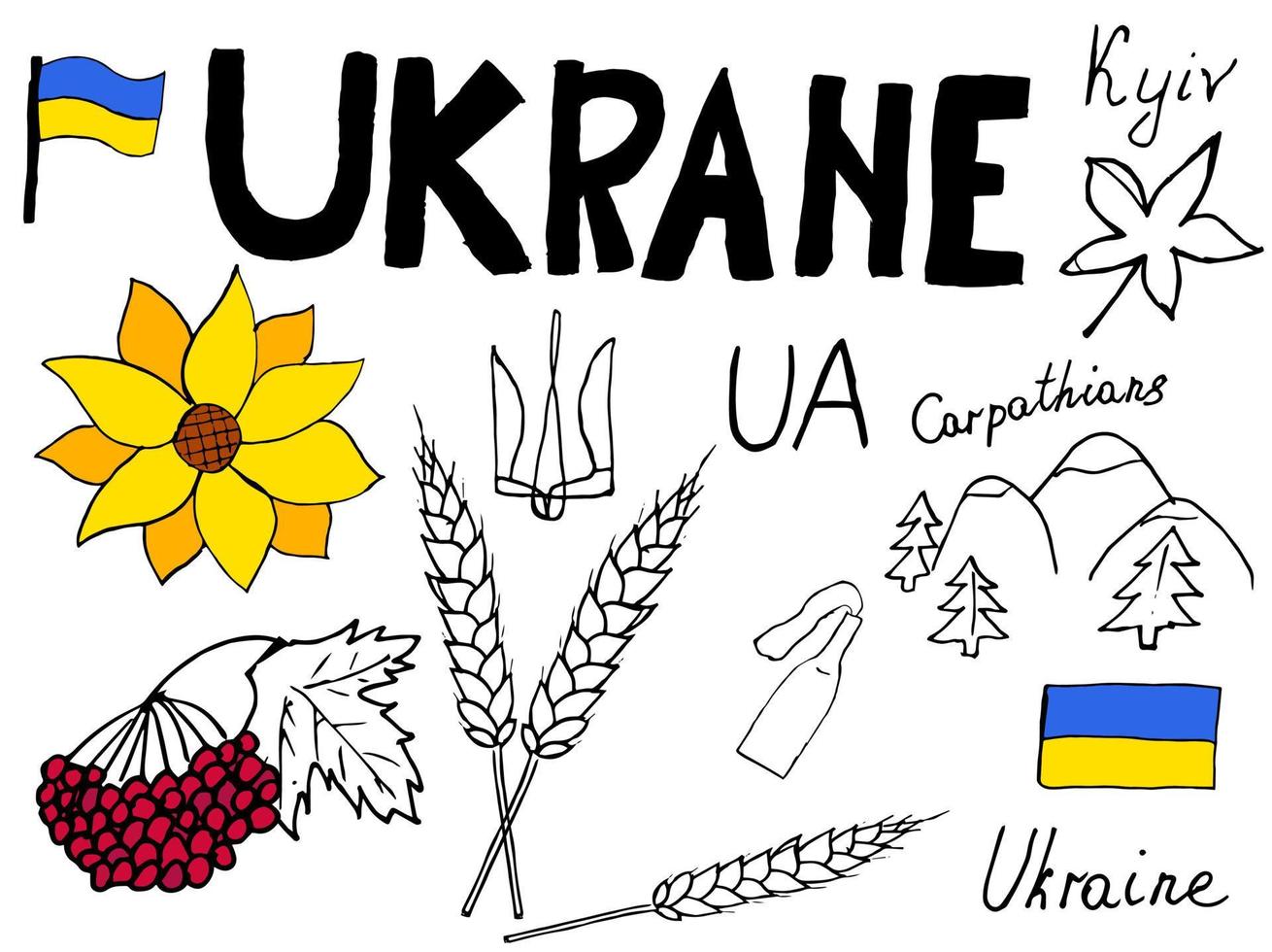 set mit ukrainischen symbolen, flagge der ukraine, weizen, sonnenblume vektor
