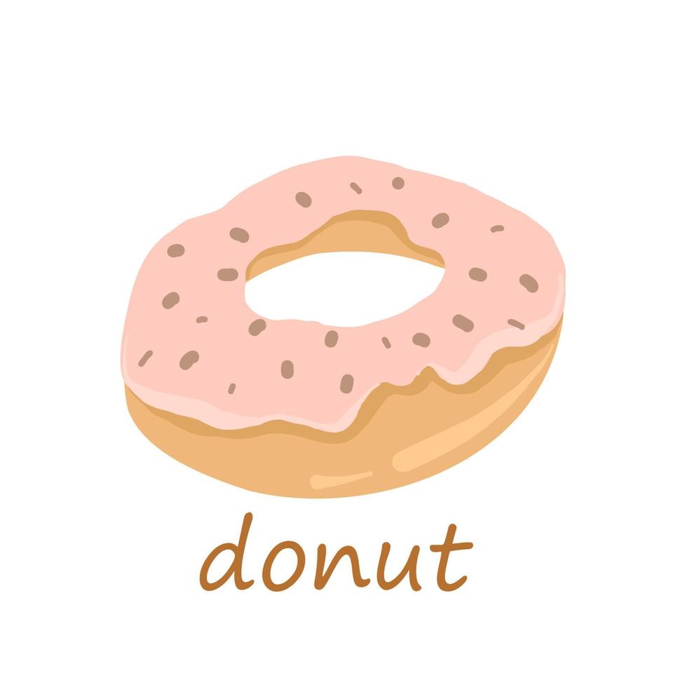 Donut mit Puderzucker und rosa Erdbeercreme. Symbol, Clipart für Website, Lebensmittellieferung, Bäckerei, Rezeptsammlung. Cartoon-Stil. vektor