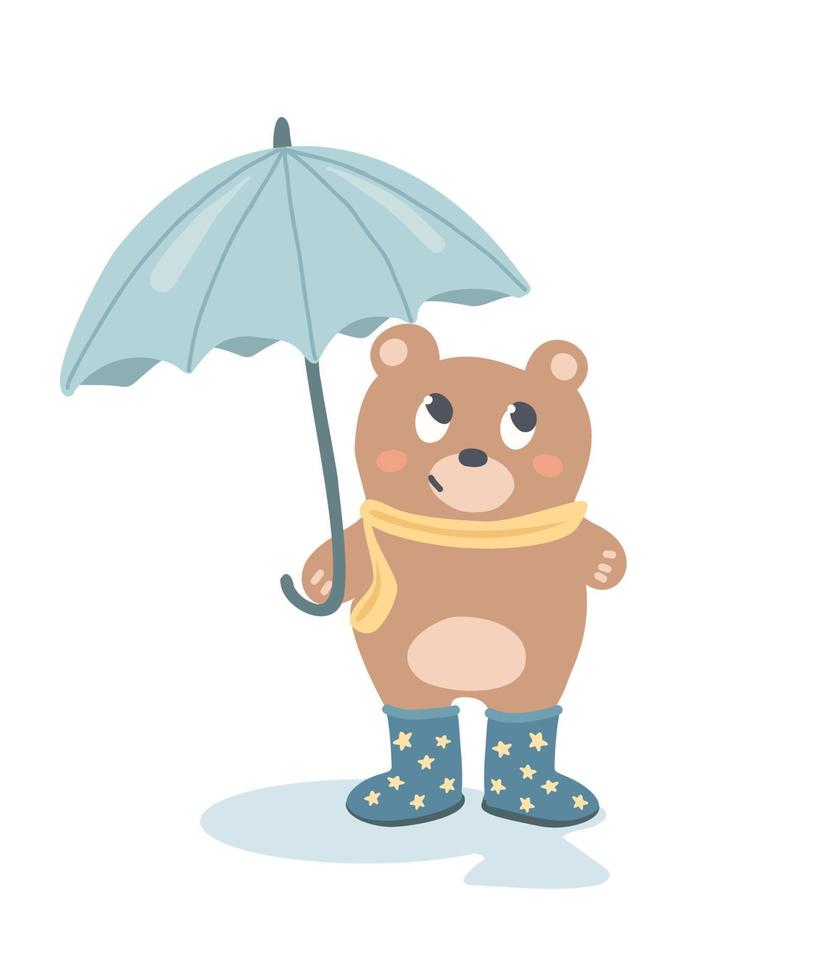 vektorillustration eines bären mit einem regenschirm. süße kleine bärenfigur für kinderbücher, postkarten, plakate. vektor