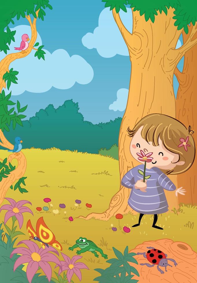 kleines Mädchen im Wald mit Tieren vektor