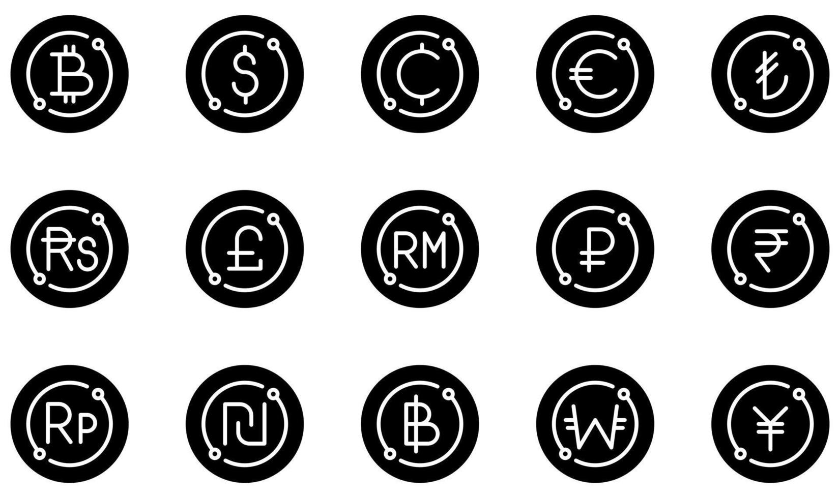 Satz von Vektorsymbolen im Zusammenhang mit Währungen. enthält Symbole wie Bitcoin, Dollar, Cent, Euro, Pfund, Baht und mehr. vektor