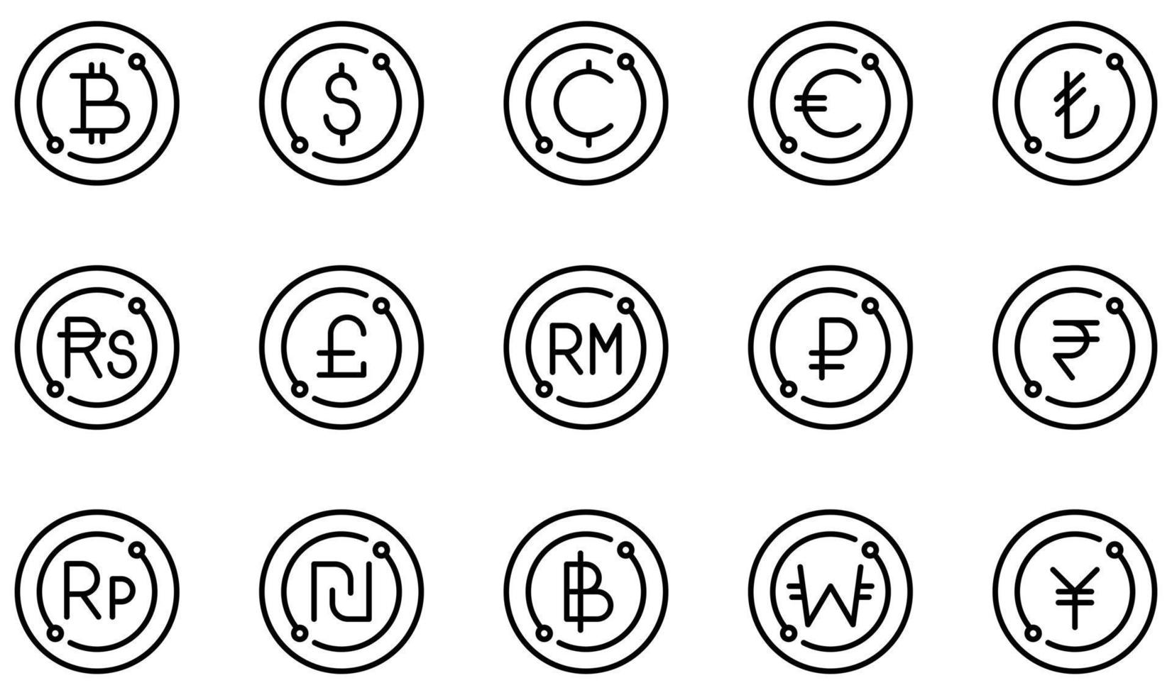 uppsättning vektor ikoner relaterade till valuta. innehåller sådana ikoner som bitcoin, dollar, cent, euro, pund, baht och mer.