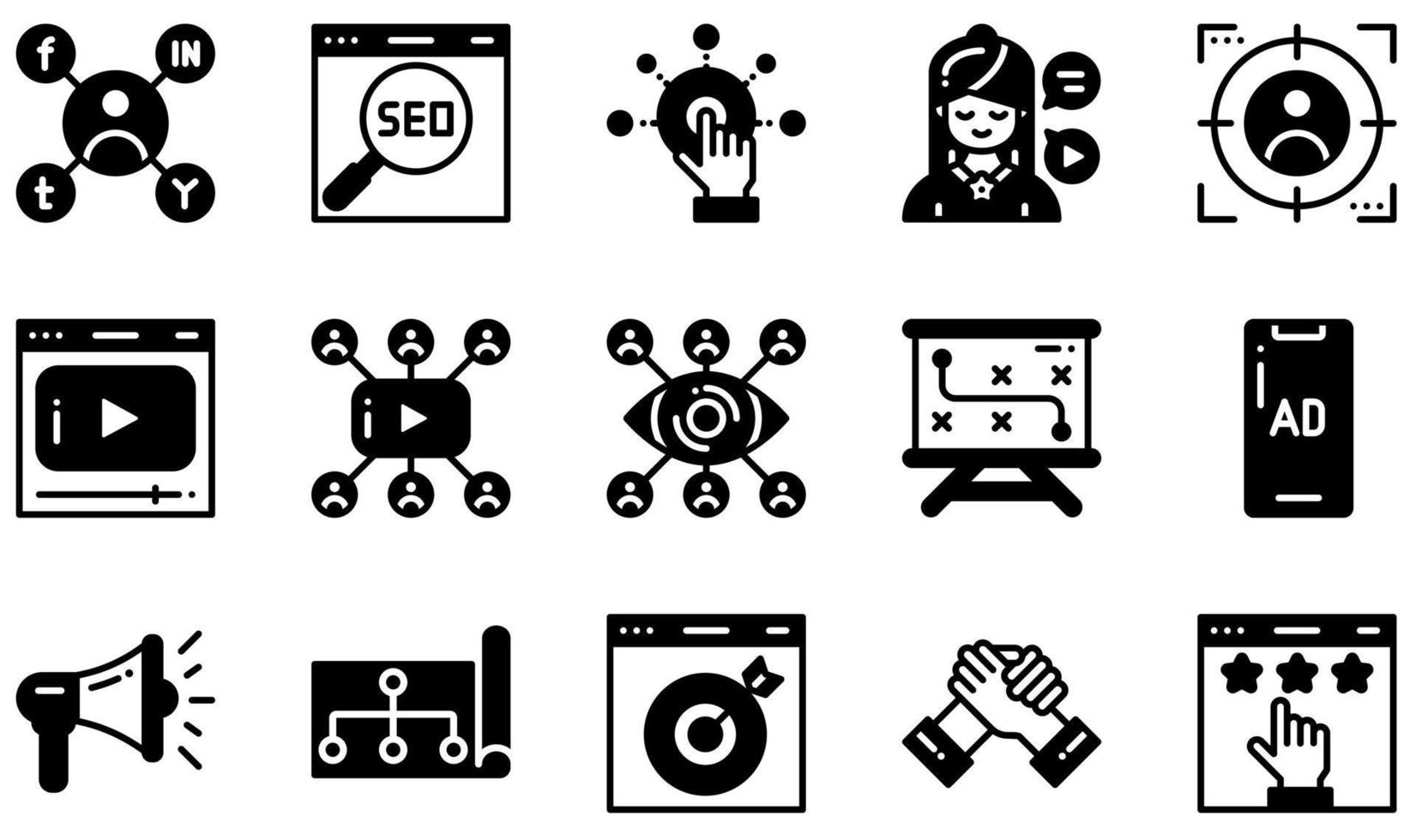uppsättning vektor ikoner relaterade till digital marknadsföring. innehåller sådana ikoner som social marknadsföring, seo, influencer, videomarknadsföring, megafon, onlinemarknadsföring och mer.