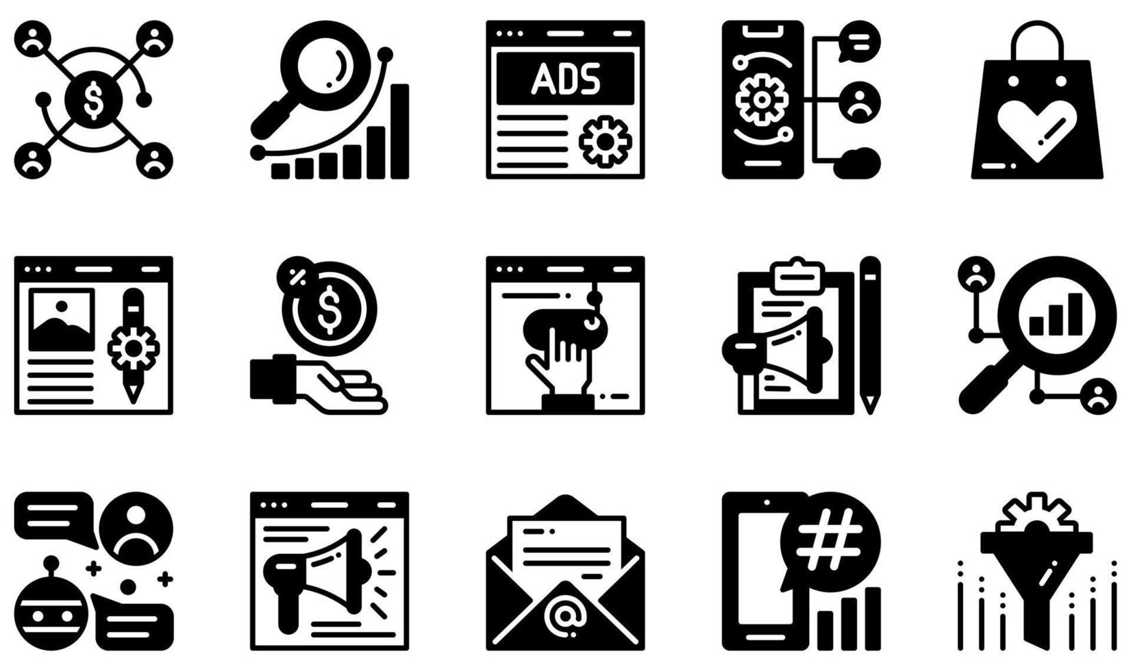 Reihe von Vektorsymbolen im Zusammenhang mit digitalem Marketing. enthält Symbole wie Affiliate-Marketing, Werbung, Blog, Provision, Clickbait, Content-Marketing und mehr. vektor