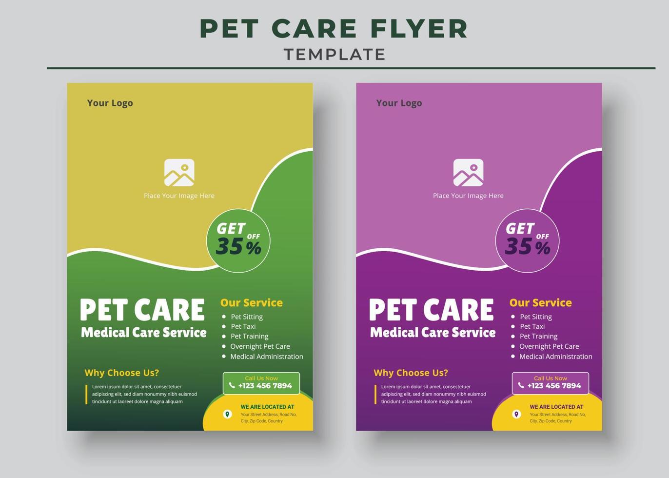 Poster für medizinische Versorgung für Haustiere, Flyer-Vorlage für Haustierpflege, Flyer-Vorlage für Haustiersitzen, Flyer-Vorlage für Haustierwanderer vektor