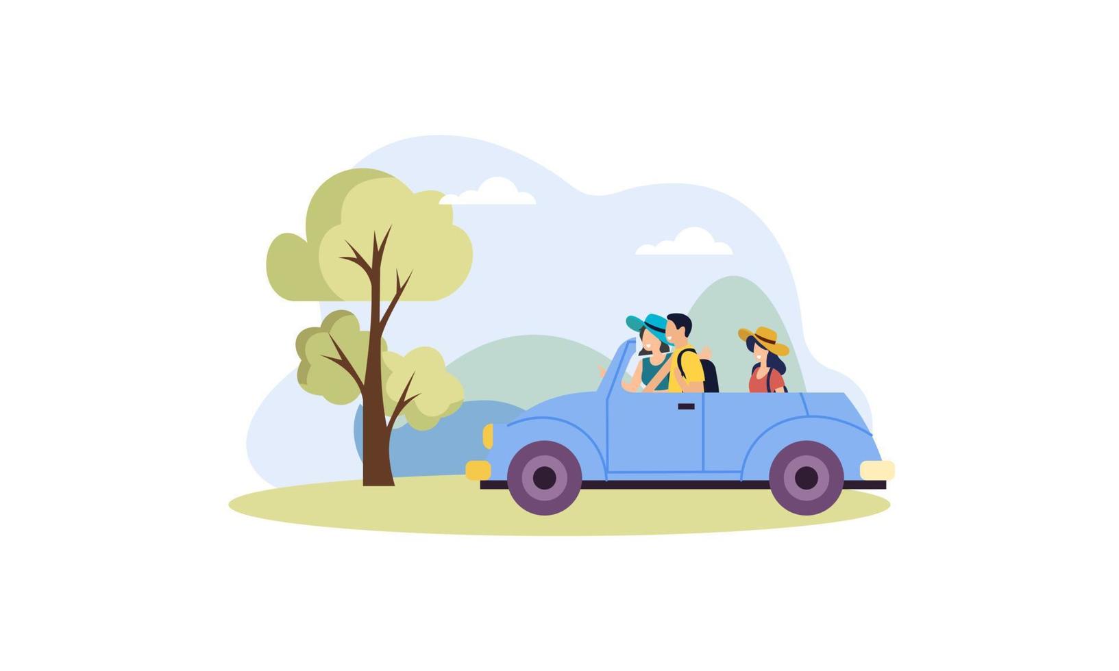 lycklig familj som reser med bil illustration. resor, road trip, transport koncept vektor