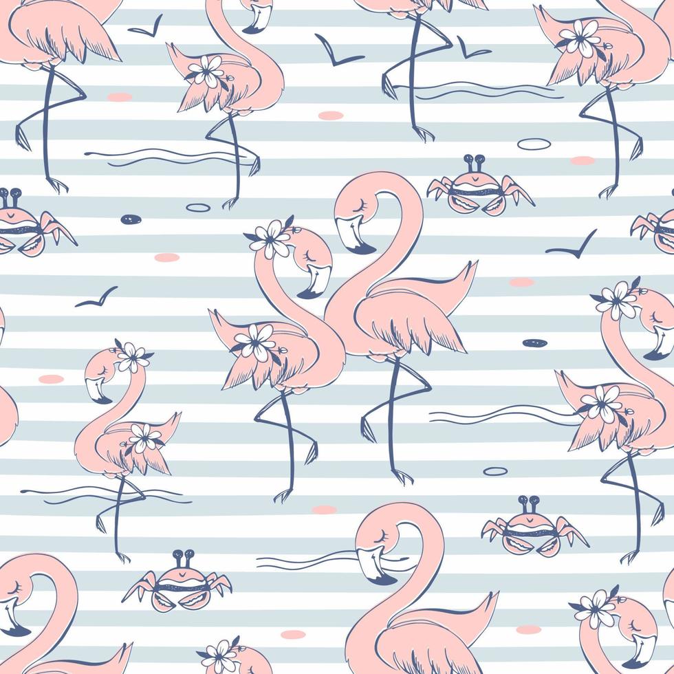 nahtloses muster mit niedlichen rosa flamingos. gestreifter Hintergrund. Vektor. vektor