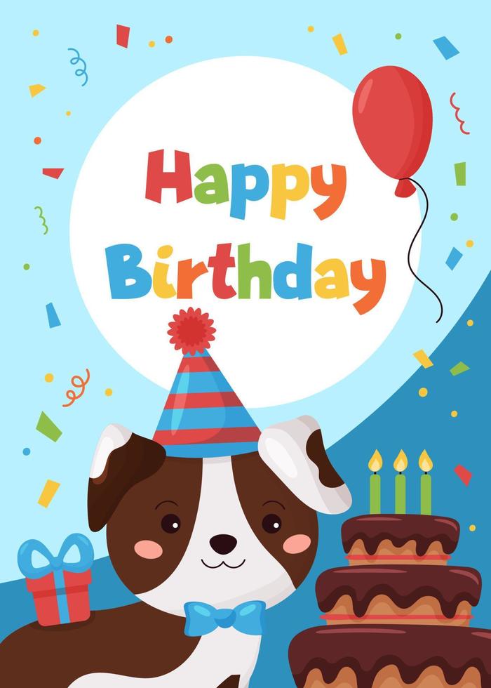 alles gute zum geburtstag grußkarte für kinder. süßer karikaturhund mit kuchen und ballon. ideal für Poster, Postkarten, Einladungen und Banner. vektor