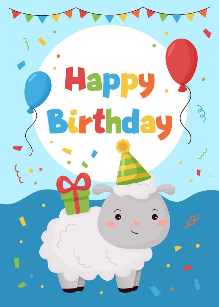 grattis på födelsedagen gratulationskort för barn. bondgårdsdjur. söta tecknade får med gåva och ballonger. vektor