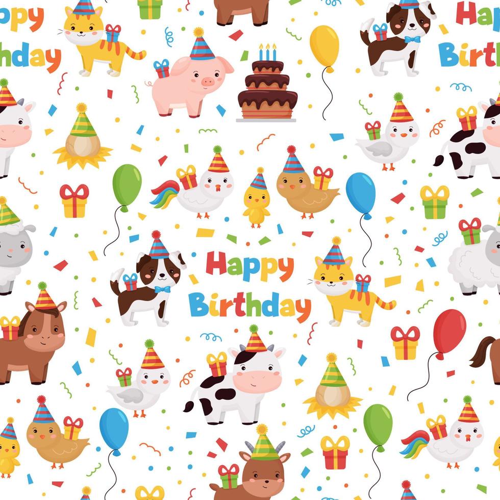 vektor seamless mönster med söta husdjur med ballonger, presenter och tårta. grattis på födelsedagen tema. seriefigurer för barn.