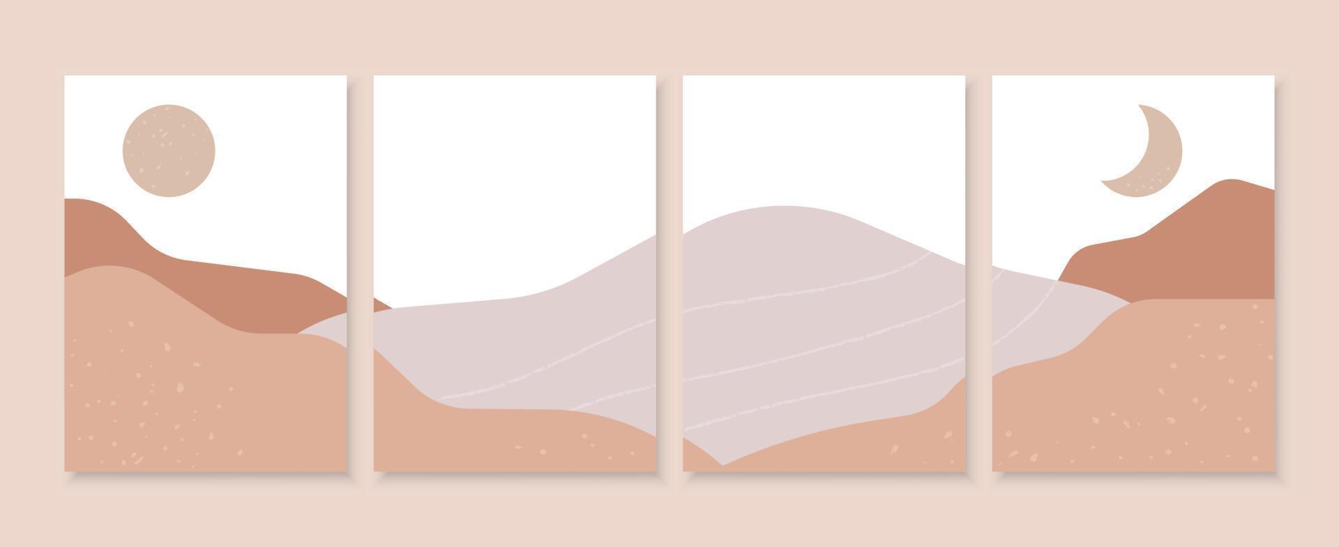 uppsättning av fyra abstrakta estetiska bakgrunder landskap. samtida bohokonstaffischer. handritade texturer. heminredning väggkonst med berg, sol och måne. naturliga jordfärger. vektor