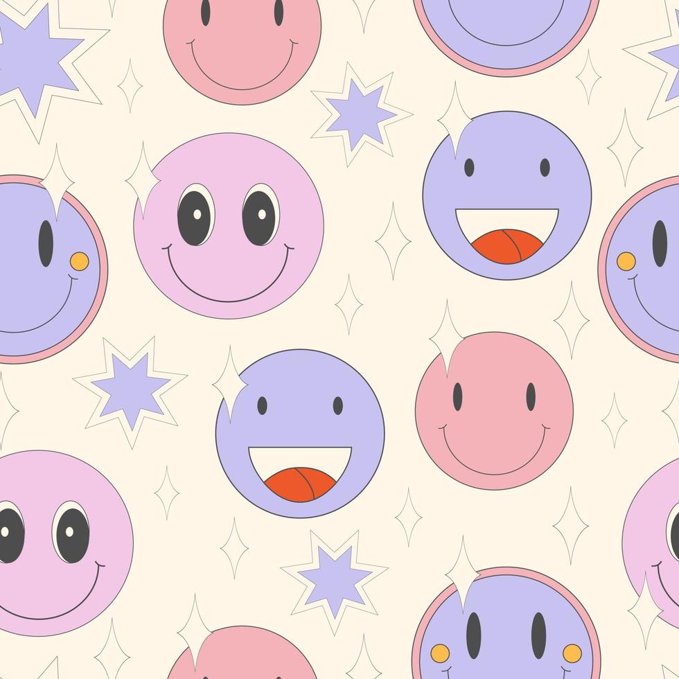 Lächeln Sie Smileys groovige Gesichter nahtloses Muster. Flaches Design im Pop-Farbstil der 70er Jahre. cooles trendiges retro von hipster retro coolen psychedelischen elementen. Vintage Tapetendruck Kunstkonzept. vektor